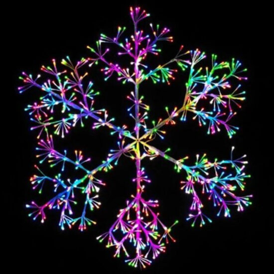 A highly detailed multi-color LED snowflake light designed for dramatic holiday decoration. The six main points branch out repeatedly, covered in lights.