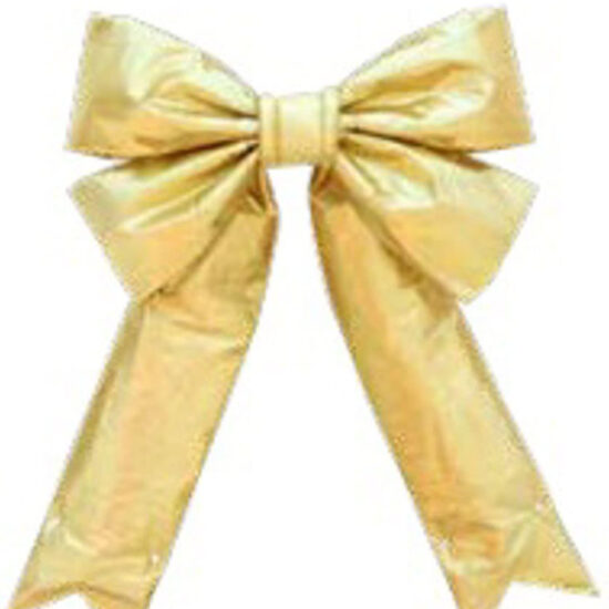 A large, symmetrical bow made from metallic gold ribbon. It features a smooth, shiny texture and a classic design with two loops on each side and long, flowing tails.