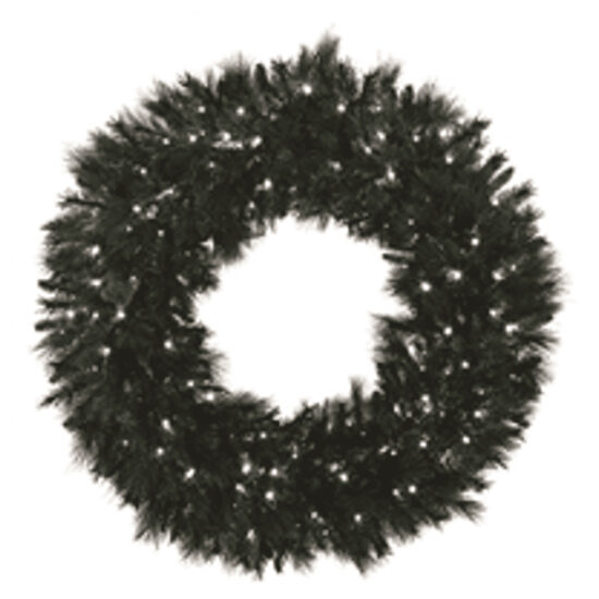 Artificial Noble fir Christmas wreath in dark green (appears black in image), pre-lit with battery-operated Warm White LED lights. 18" Warm White Battery Noble Wreath