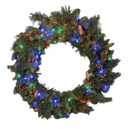 A thick, pre-lit artificial pine wreath decorated with pine cones and multi-colored LED lights (red, green, and blue).