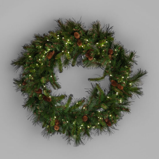 A highly detailed pre-lit artificial pine wreath decorated with pine cones and illuminated by small, bright white LED lights.