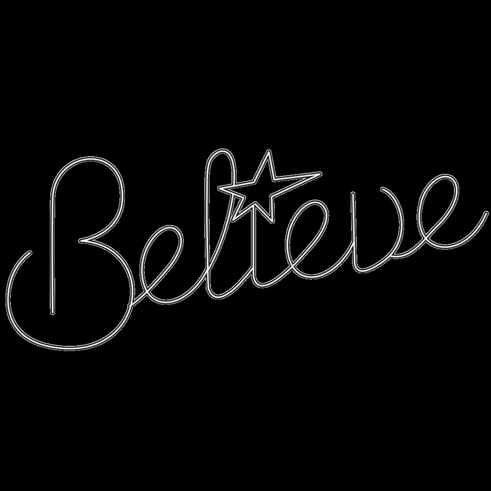 A custom script neon light motif spelling "Believe" with a prominent star integrated into the letter 'L.' The sign uses a single line of cool white LED flex on a rigid mount for striking, continuous illumination.