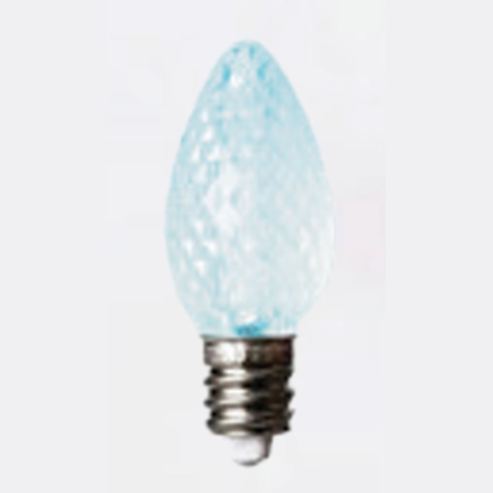 Light blue, faceted LED replacement bulb with a clear, textured plastic cover and a small candelabra (E12) screw base.