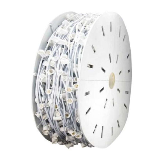 A large, white plastic reel tightly wound with a bulk coil of white light stringer wire and numerous empty white lamp sockets for decorative lighting.