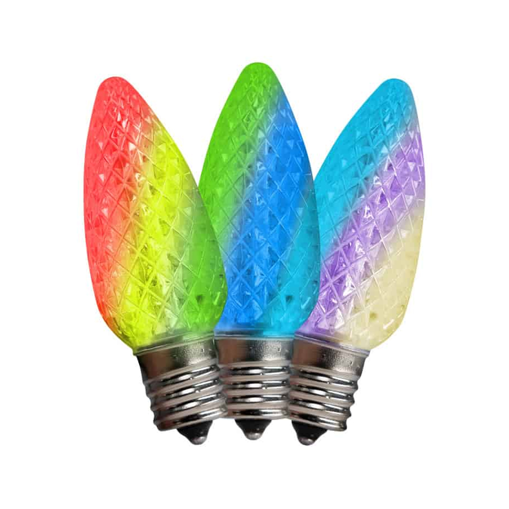 Three faceted C9 LED bulbs glowing in a gradient of RGB (Red, Green, Blue) colors, shown with standard screw bases. C9 LED Bulb Sparkle RGBWW