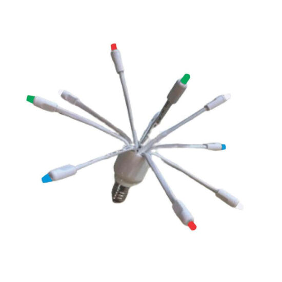 White "starburst" style C9 LED bulb with multiple arms tipped in RGB+Warm White light emitters. White "starburst" style C9 LED bulb with multiple arms tipped in RGB+Warm White light emitters. C9 LED Glitzer RGBWW