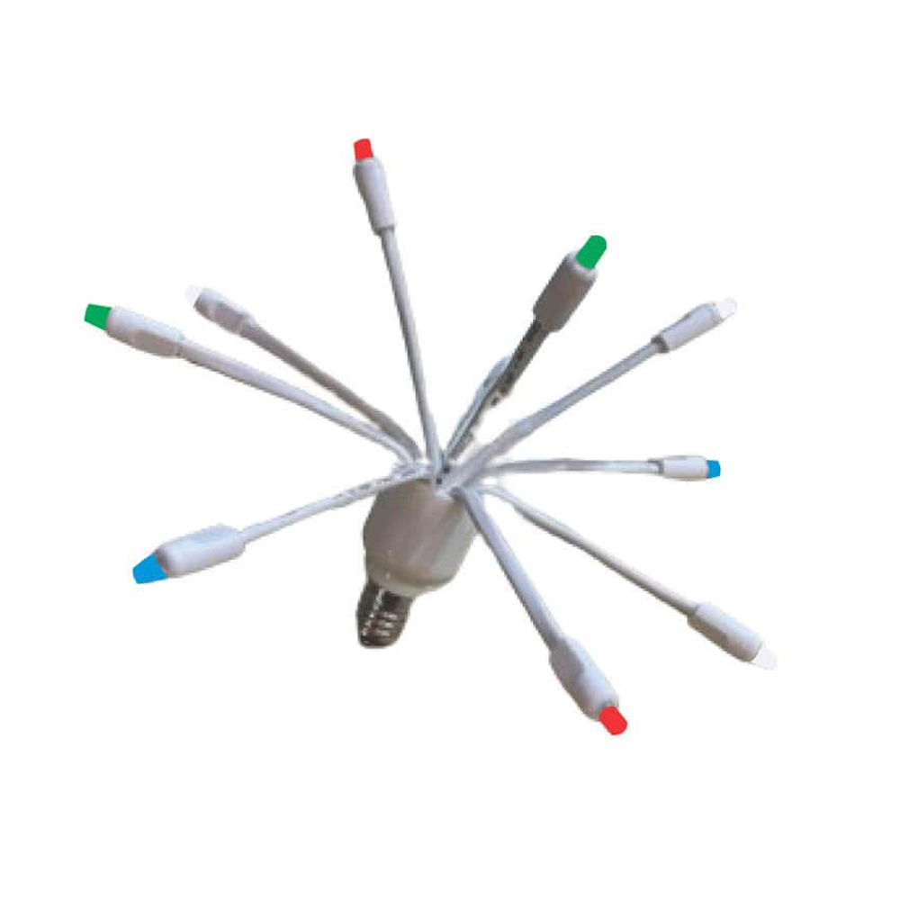 White "starburst" style C9 LED bulb with multiple arms tipped in RGB+Warm White light emitters. White "starburst" style C9 LED bulb with multiple arms tipped in RGB+Warm White light emitters. C9 LED Glitzer RGBWW