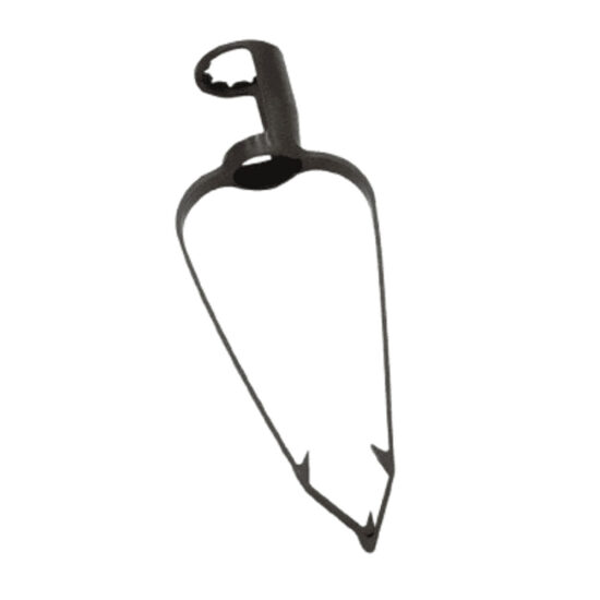 Black, handheld bulb changer tool with a finger loop handle and a tapering, claw-like end.