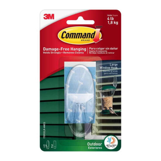 3M Command Brand Large Window Hook for outdoor, damage-free hanging, holding up to 4 lbs (1.8 kg) Command Large Plastic Hook 3.375 in. L 1 pk 3M