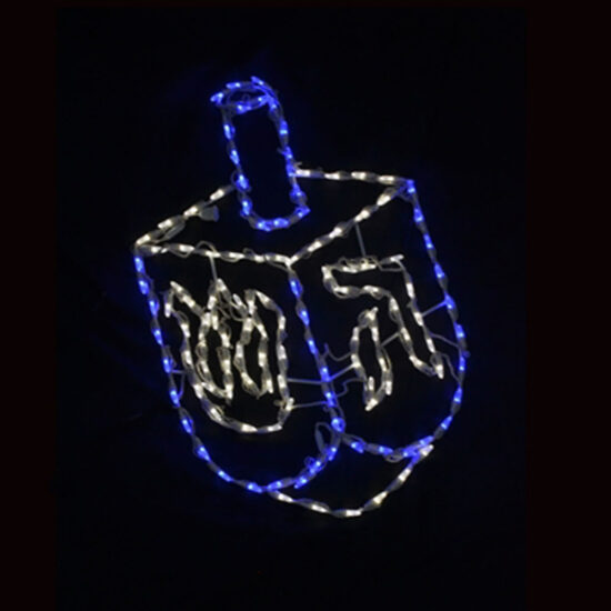 A Hanukkah light motif shaped like a dreidel. The display uses a wire frame outlined with blue rope/string lights.