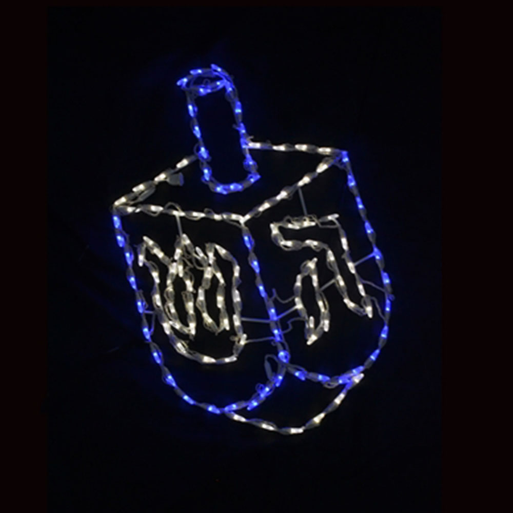 A Hanukkah light motif shaped like a dreidel. The display uses a wire frame outlined with blue rope/string lights.