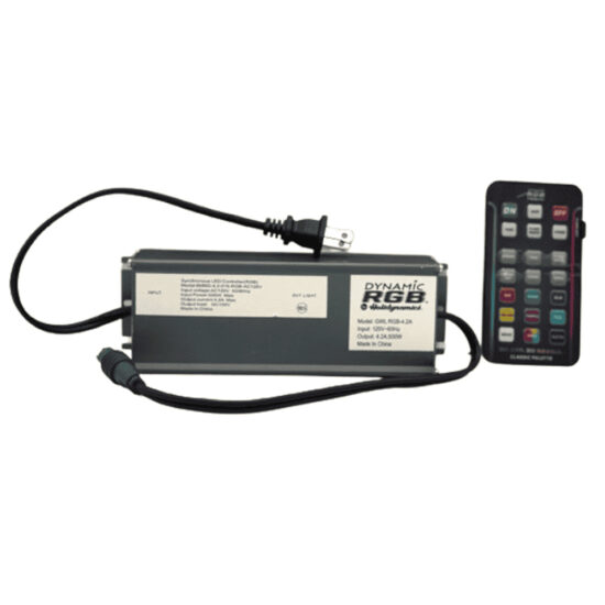 Dynamic RGBWW Controller 500Ct Light Connection. Long, rectangular Dynamic RGB LED controller box with a power plug, light connection, and accompanying remote control.