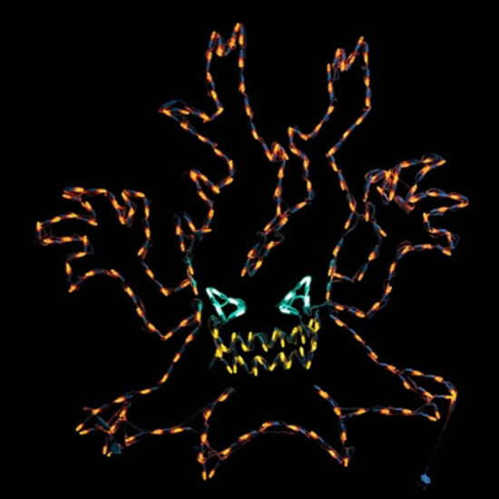 Halloween-themed wire frame silhouette of a haunted, spooky tree illuminated with orange lights and a menacing face with glowing teal eyes and yellow teeth. Haunted Tree -42" x 42" Wire Frame