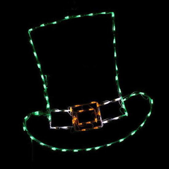 Lighted wire frame Leprechaun hat in green, featuring a gold and white buckle detail.