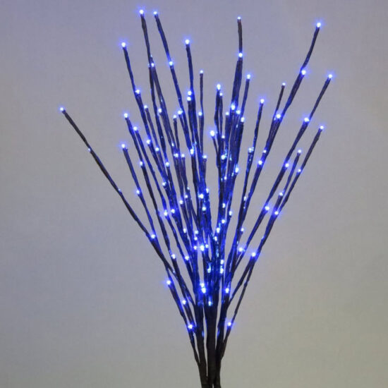 A decorative lighting bundle featuring numerous tall, dark branches gathered like a bouquet. The stems are embedded with tiny, bright blue lights that providing vibrance.