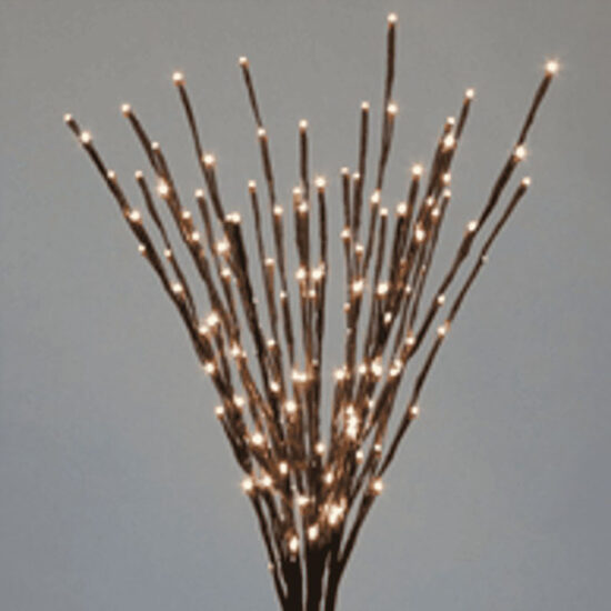 A modern light decoration made of dark, flexible stems bundled together like a bouquet. Each stem contains warm white micro-lights along its structure, providing a minimalist yet striking effect.