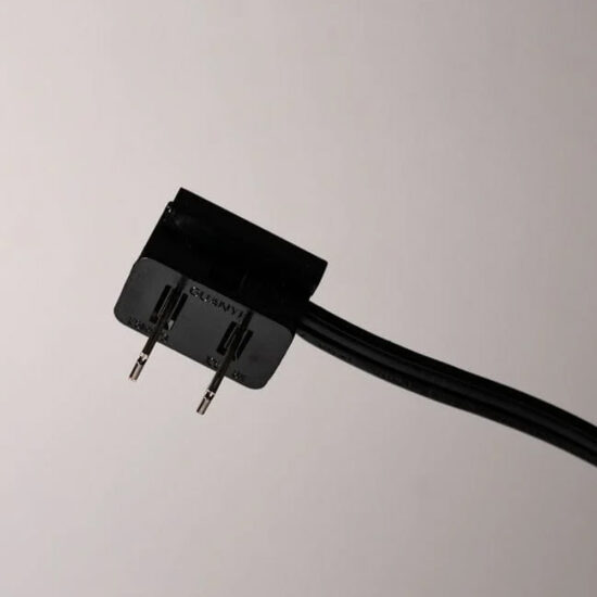 Black two-prong male slide plug (power adapter) with two parallel outlets.