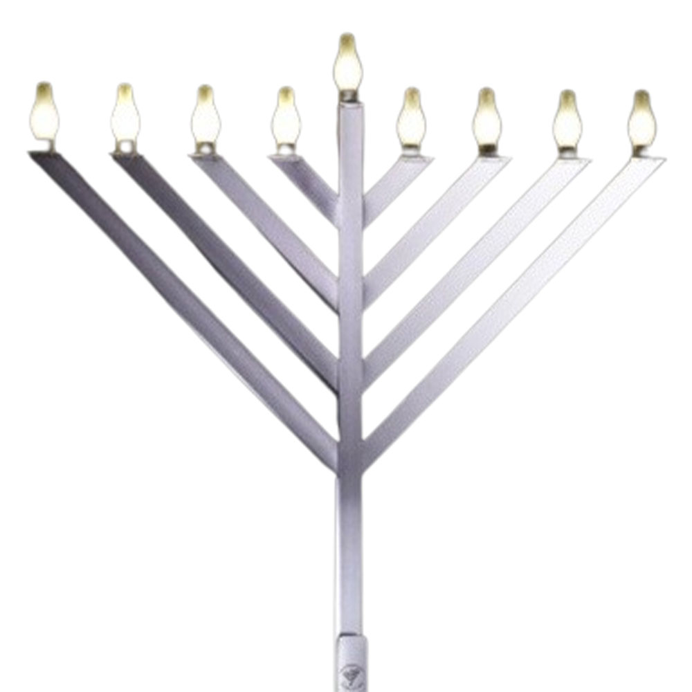 An electric Hanukkah Menorah light display. It features a silver-toned metal or plastic base/frame in the classic nine-branch candelabrum design.