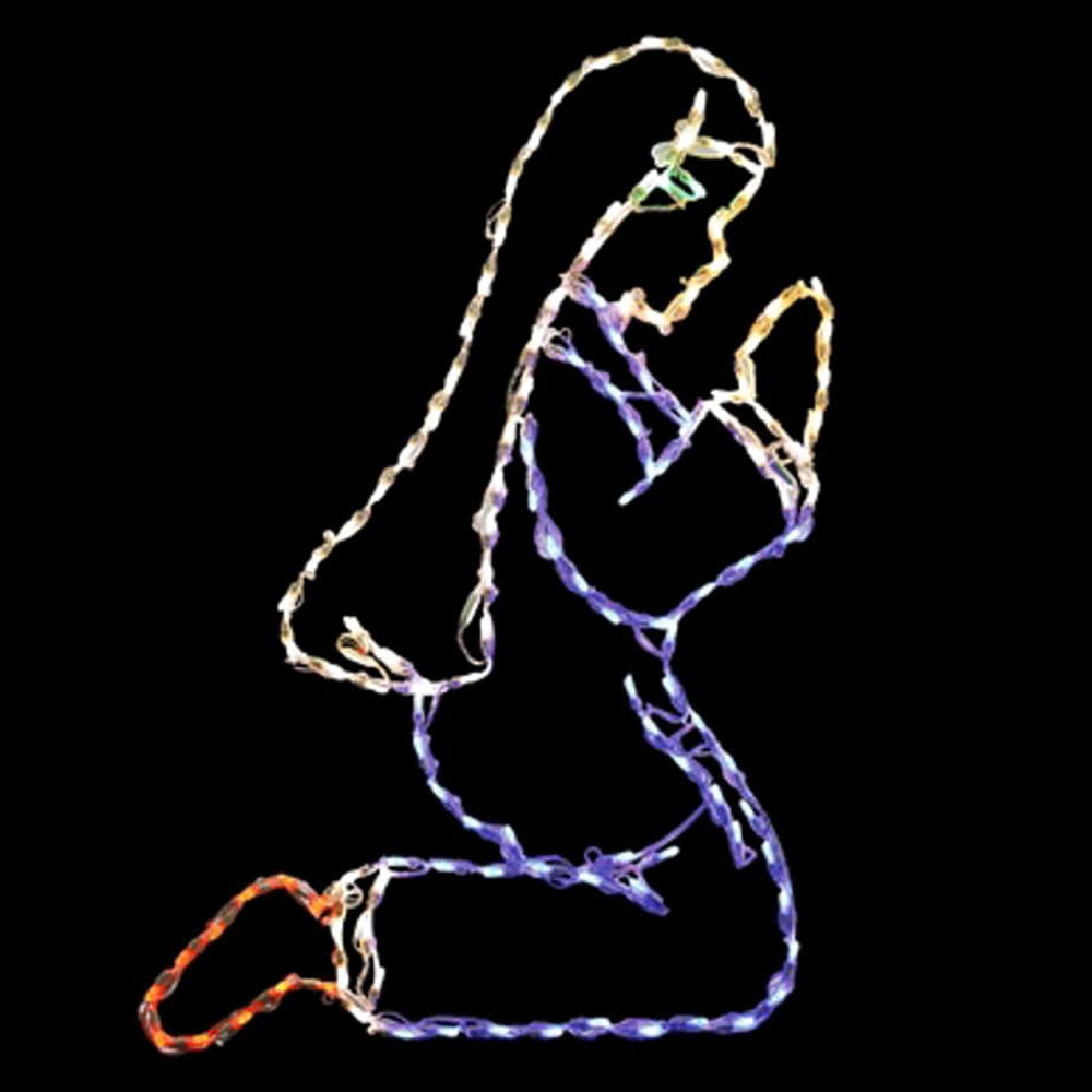 A modular light art piece for external nativity displays featuring a clear outline. The frame construction is fully wrapped in multi-color LED lights with separate internal circuits.