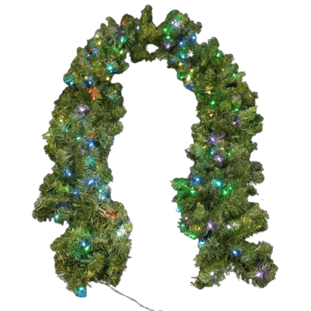 A thick, pre-lit artificial evergreen garland draped into an arch shape, illuminated with multi-colored LED lights.