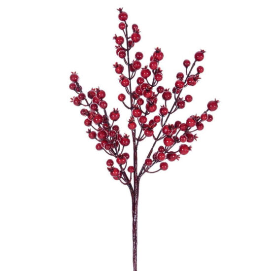 Ornamental floral pick featuring numerous glittery red crab apple/mixed berries clustered on a central stem. Ornamental floral pick featuring numerous glittery red crab apple/mixed berries clustered on a central stem.