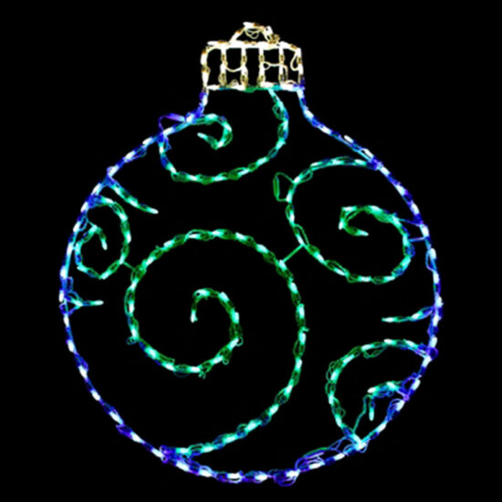 Integrated holiday fixture constructed with a metallic support frame and a small hanging cap detail. The multi-color illumination is densely packed.