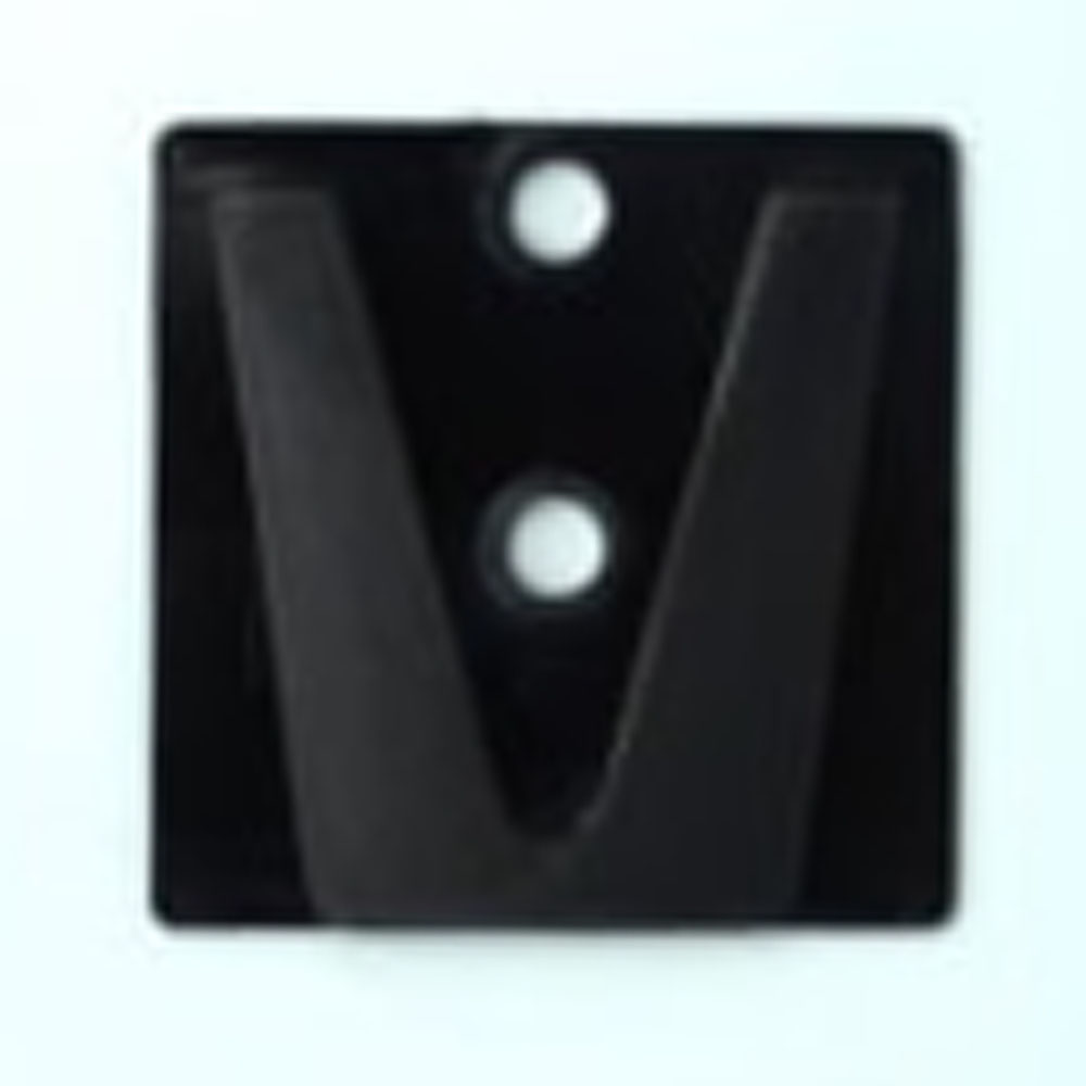 A small, square black plastic mounting clip or bracket with a V-shaped groove and two holes for screws.