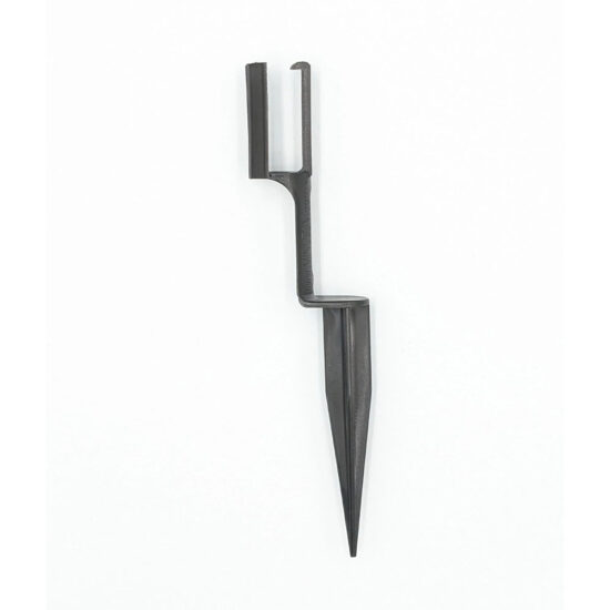 A single, black plastic ground stake with a pointed tip and a U-shaped slot designed to hold a light bulb socket or wire.