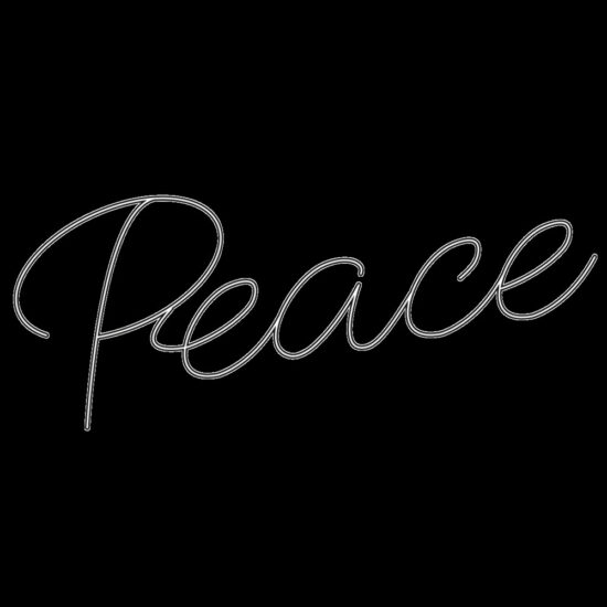 A custom script neon light motif featuring the word "Peace" in a flowing, cursive font. The sign utilizes a single, thin tube of cool white or clear LED flex.