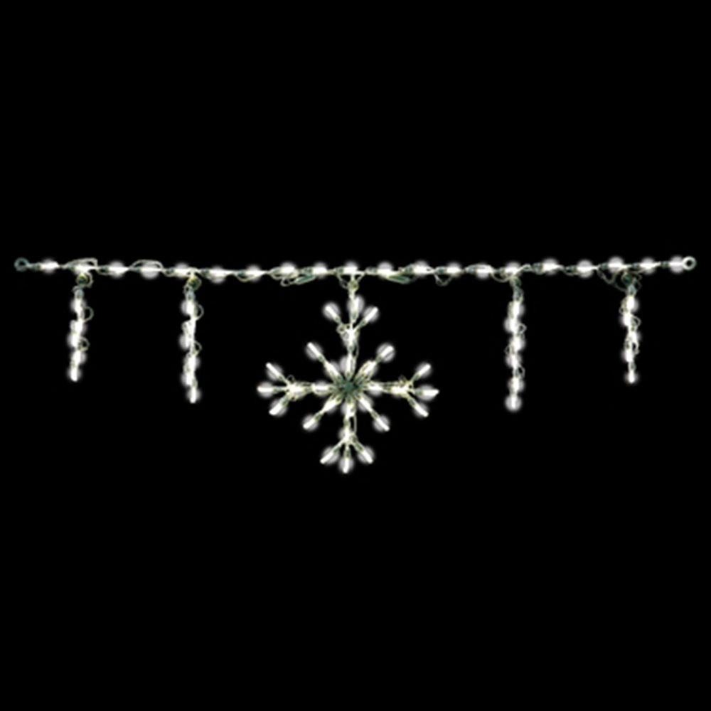 A modular holiday light border designed for synchronized display. The main run supports several pre-attached light elements, including six-point snowflake, all utilizing cool white LED bulbs.