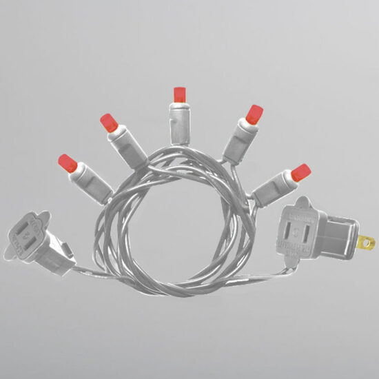A small, coiled section of red LED mini-lights with white wire and male and female plugs on either end, on a gray background.