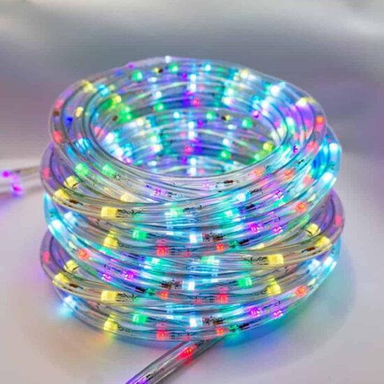 Coiled Rope Light Sparkle RgbWW 100Light Set 5mm 120" L set glowing brightly inside a clear, flexible tube.