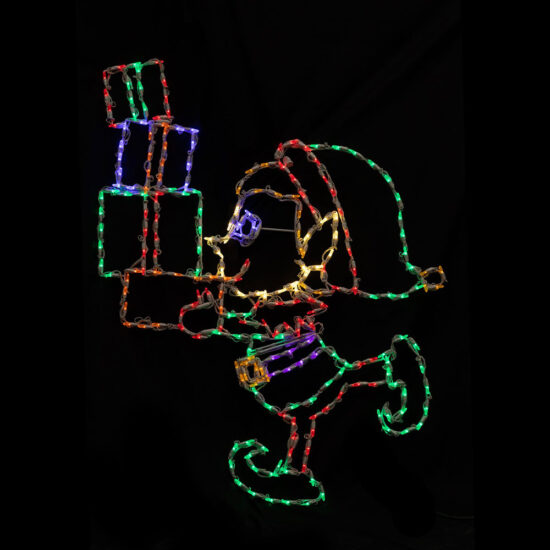 A multi-colored light motif of an elf carrying stacked gifts. The wire frame uses red and green lights (body/gifts) with warm white (face) and purple accents.