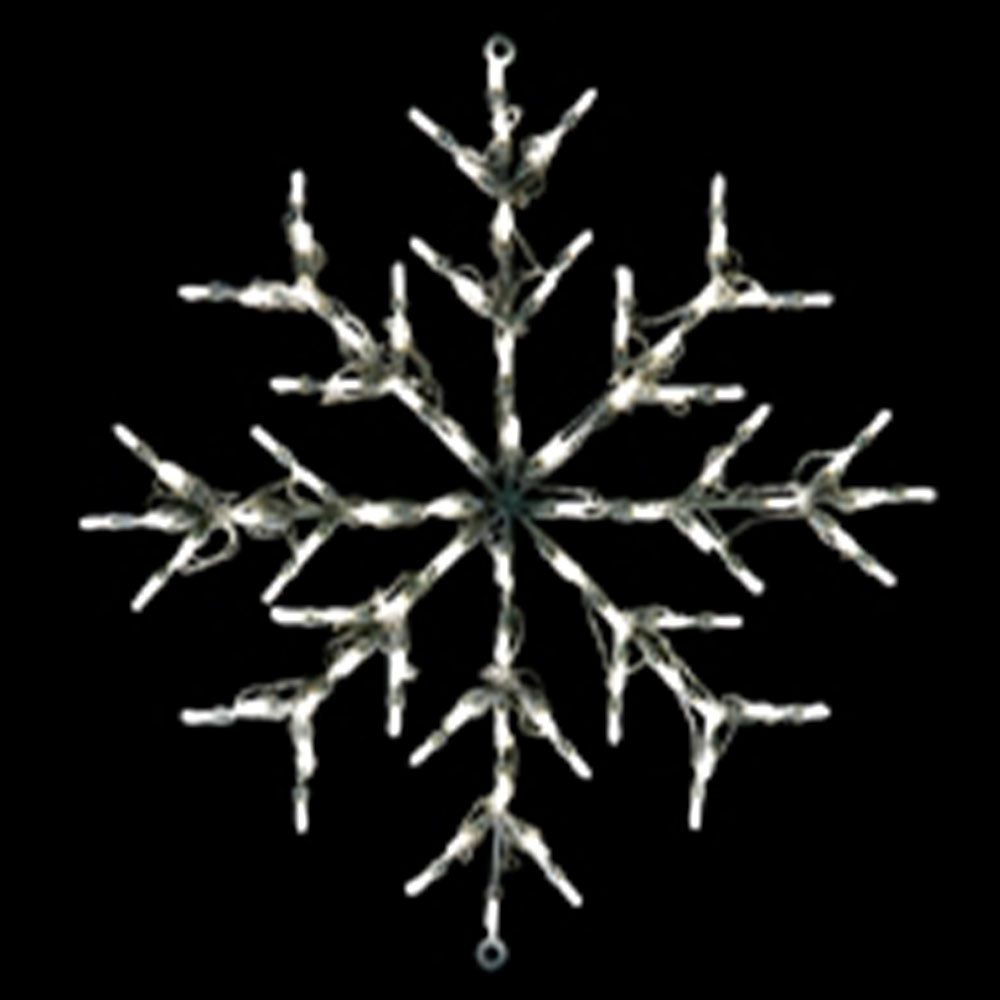 A snowflake light motif featuring a six-pointed radial design. The display is built on a metal/wire frame and fully illuminated with cool white/clear LED or incandescent string lights.
