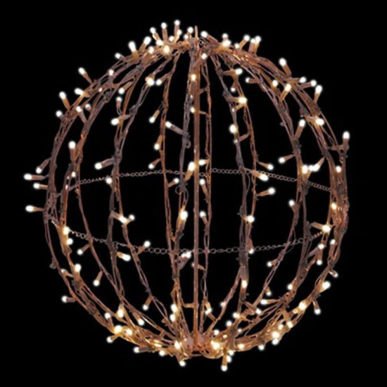 An illuminated sphere fixture utilizing a collapsible, dark-toned metallic frame. The entire structure is densely integrated with energy-efficient, warm white LED string lights.
