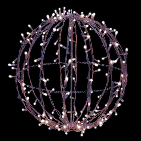Illuminated sphere display featuring a fixed metallic structure built for stability. The unit is fully integrated with a high count of cool white LED bulbs.