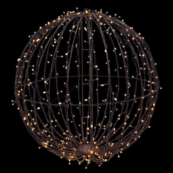 Wire-frame light ornament built for high-density illumination. The spherical unit uses warm white LED technology integrated into the structure, ensuring concentrated, uniform light coverage.