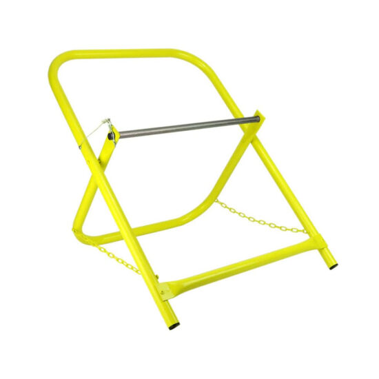 Foldable metal wire spool holder or caddy in bright yellow, featuring a silver horizontal rod and safety chains. Spool Holder