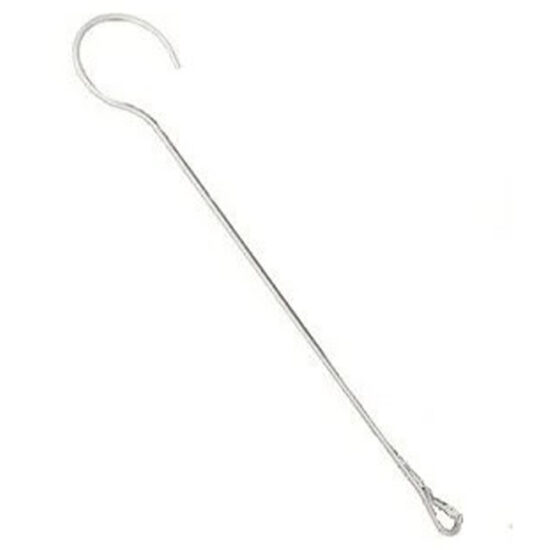 A simple, extended wire hanger with a bright, reflective finish. The tool features a distinct single hook at the top and a secure loop at the bottom.