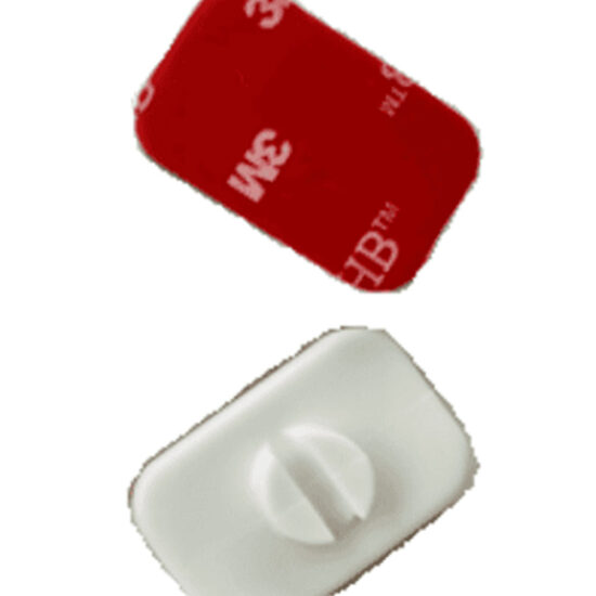 A pair of accessories for light string installation, showing a small white surface mounting block and a strong rectangular adhesive pad.