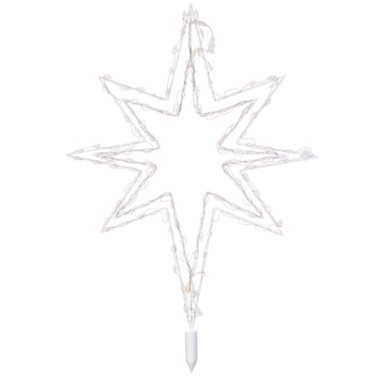 A white seven-pointed star light fixture or silhouette, wrapped with warm white mini-lights, designed as a lawn stake or tree topper.