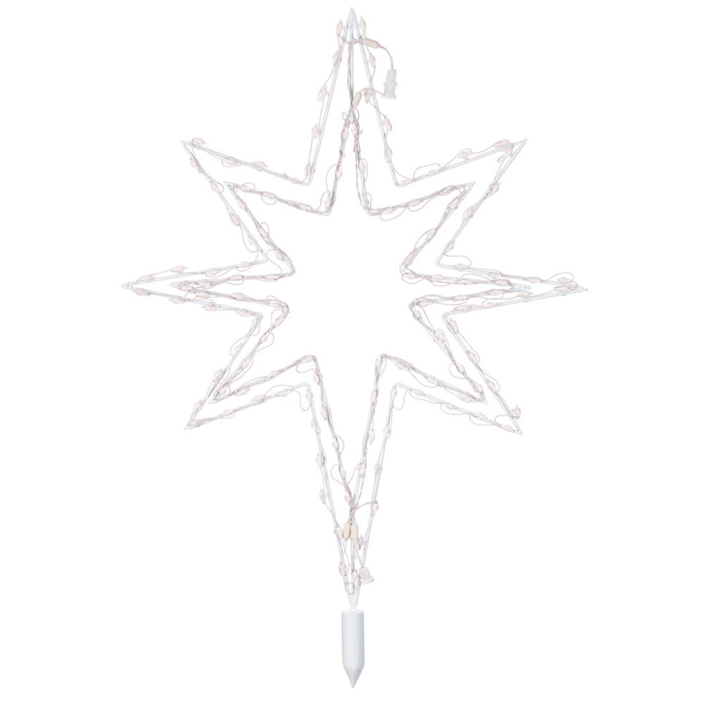 A white seven-pointed star light fixture or silhouette, wrapped with warm white mini-lights, designed as a lawn stake or tree topper.