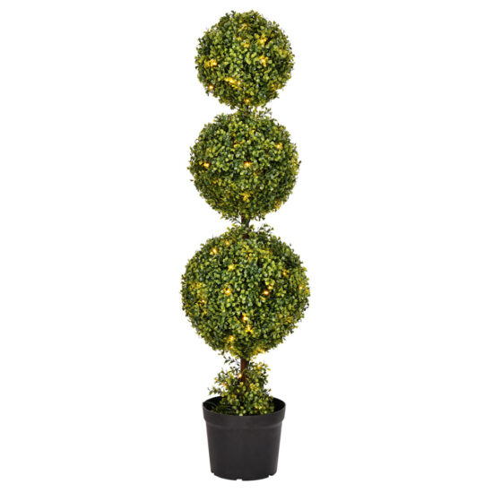 A potted, pre-lit artificial boxwood topiary featuring three stacked spherical shapes and illuminated by warm white lights.