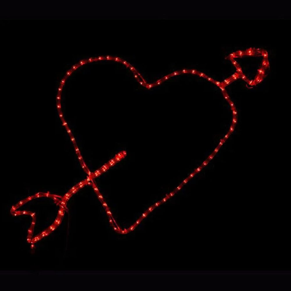 A heart-and-arrow light motif created using red LED or incandescent rope light. The rope light is mounted on a hidden wire frame to form the silhouette of a heart pierced by an arrow.