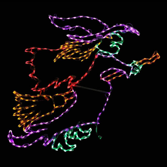 Multi-colored, lighted wire frame silhouette of a witch flying on a broom, illuminated in purple, green, orange, and red lights. Witch w/ Broom Wire Frame