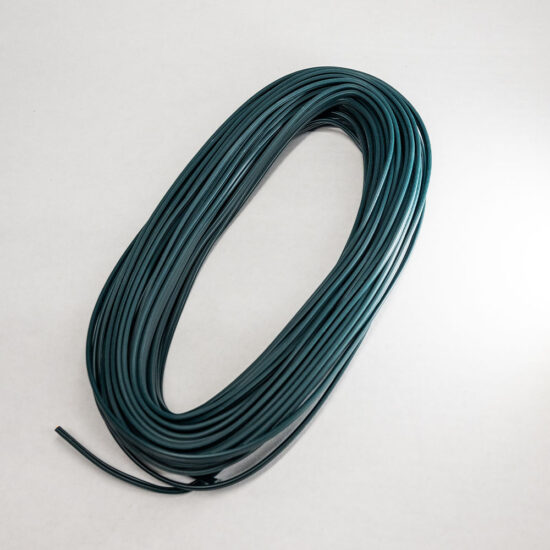 A substantial length of dark green, insulated electrical wire or plastic tubing, neatly coiled into a large, elongated loop.