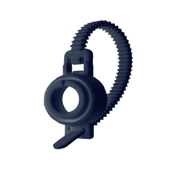 Close-up of a dark, re-usable zip tie-style fastener designed for securing cables or light strings to various objects.