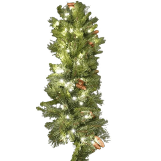 A length of Christmas garland adorned with warm white string lights, designed for draping or vertical display.