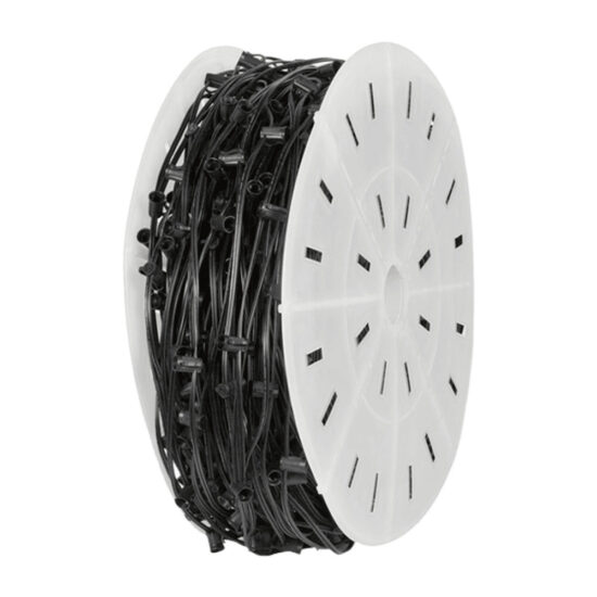 A white plastic spool holding a bulk coil of black electrical wire with numerous small, dark light bulb sockets.