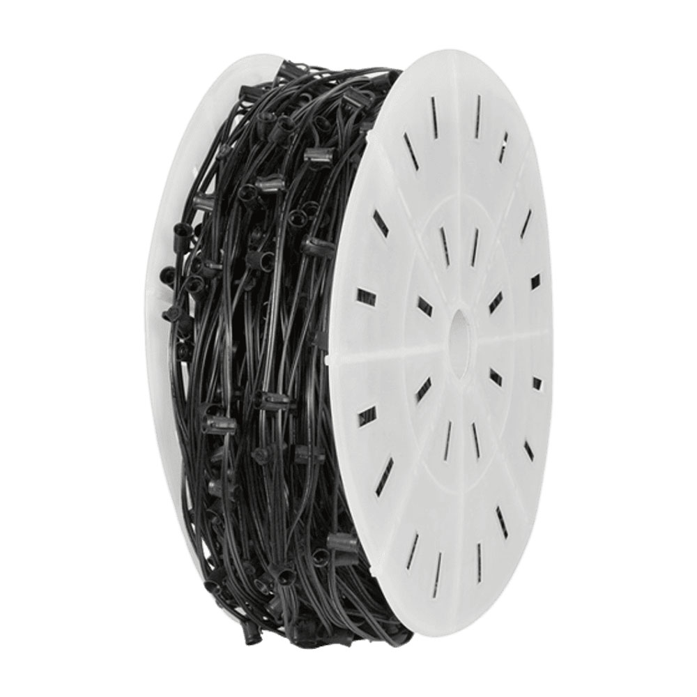 A white plastic spool holding a bulk coil of black electrical wire with numerous small, dark light bulb sockets.